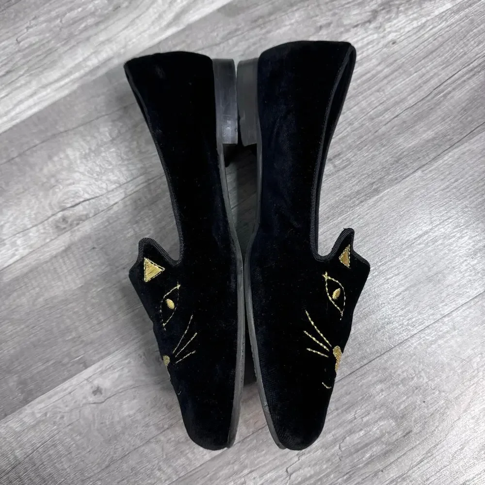 Jon Josef Velvet Gold embroidered Cat loafers Black Made in Spain Womens 9 1/2